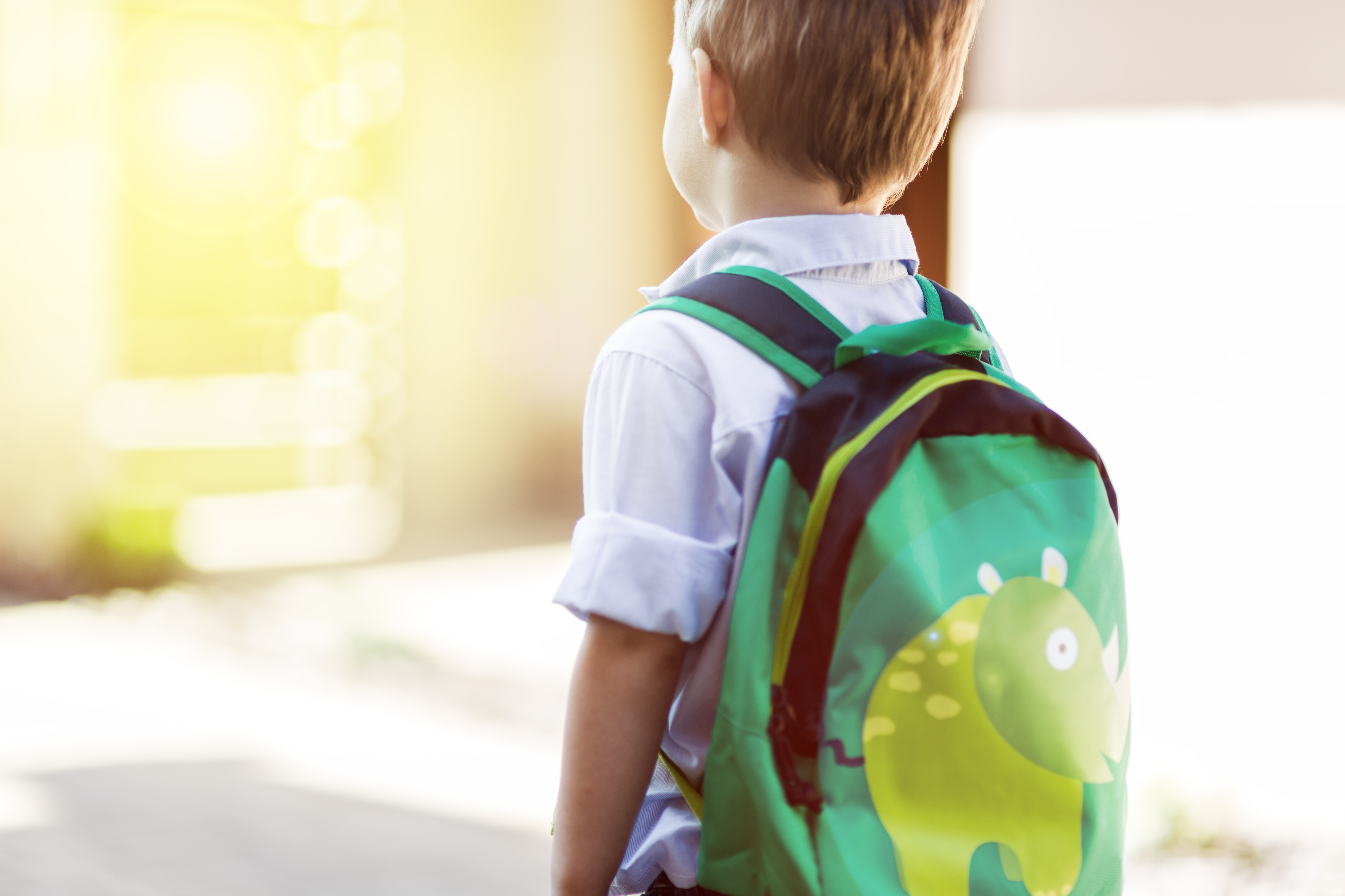 Kindergarten school boy with green backpack